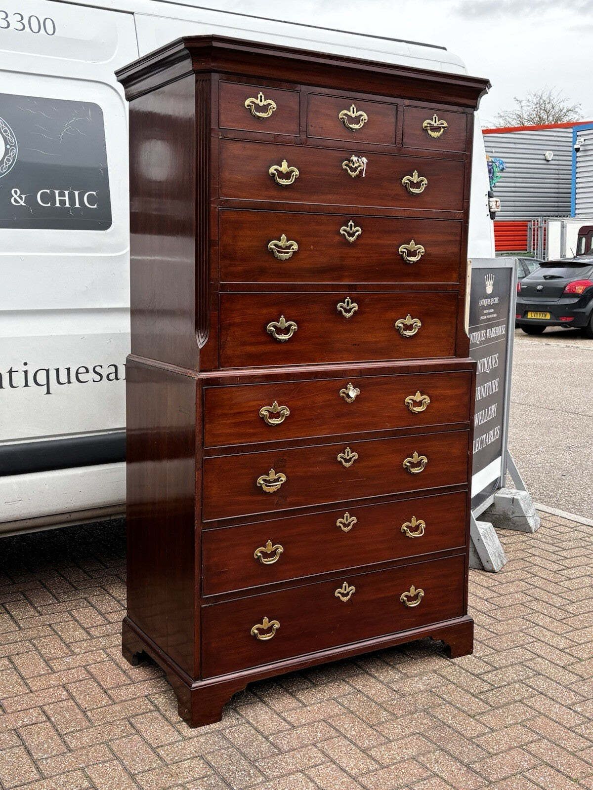George II Mahogany Chest On Chest With Secretaire Desk, Original Handles. photo vinterior