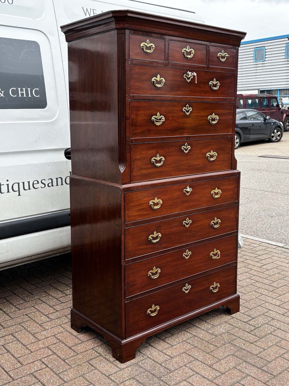 photo vintage George II Mahogany Chest On Chest With Secretaire Desk, Original Handles.