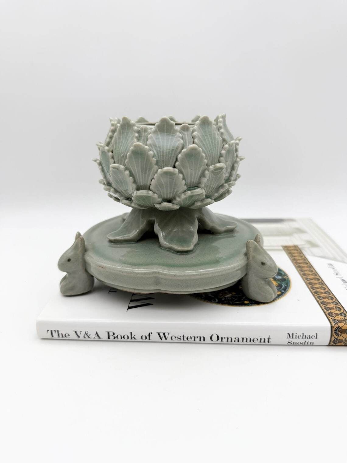 Celadon Green Lotus & Rabbit Incense Burner, Korean Pottery Incense Holder