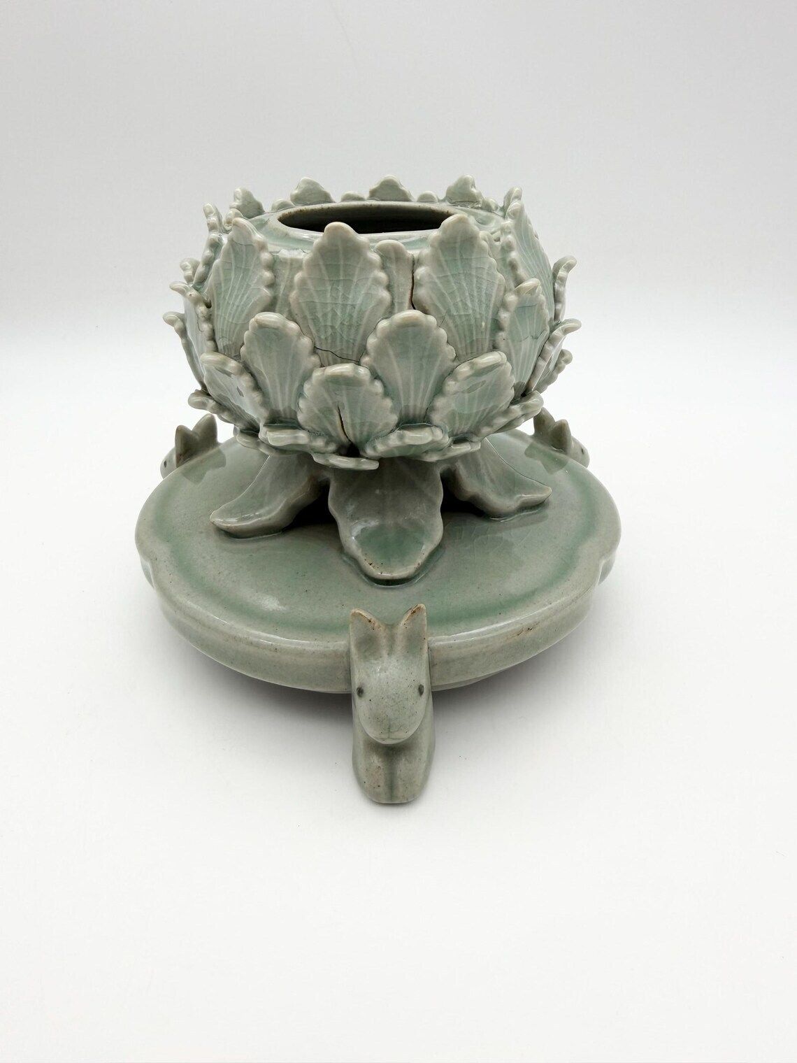 Celadon Green Lotus & Rabbit Incense Burner, Korean Pottery Incense Holder photo for sale