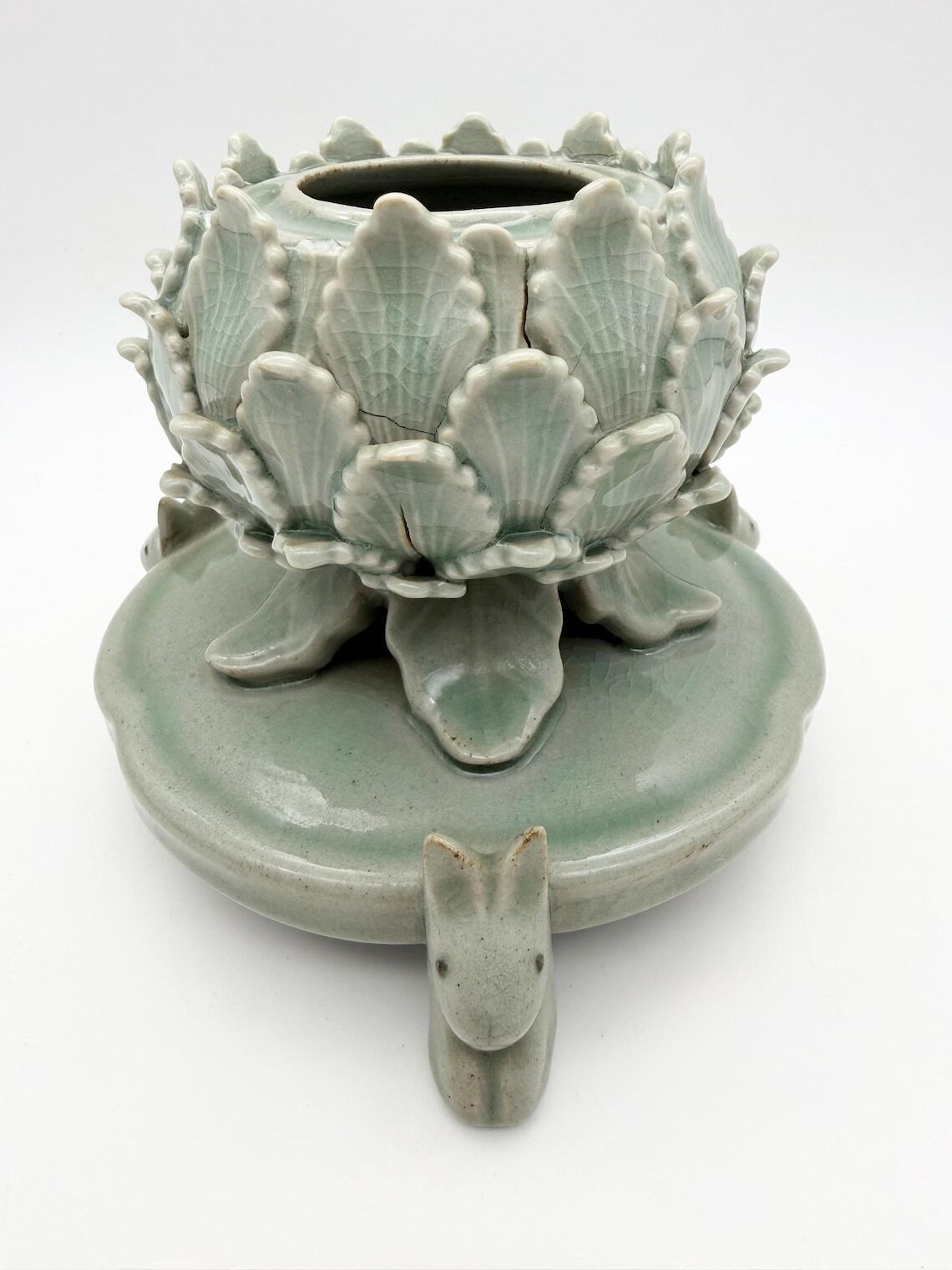 Celadon Green Lotus & Rabbit Incense Burner, Korean Pottery Incense Holder photo Home Decor