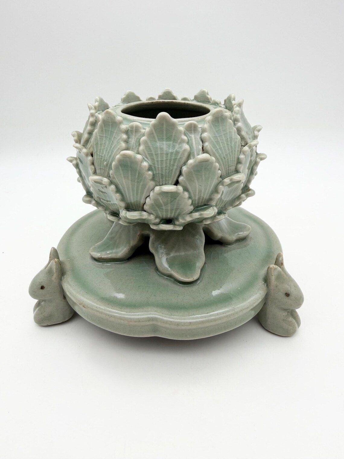 Celadon Green Lotus & Rabbit Incense Burner, Korean Pottery Incense Holder photo 60.0