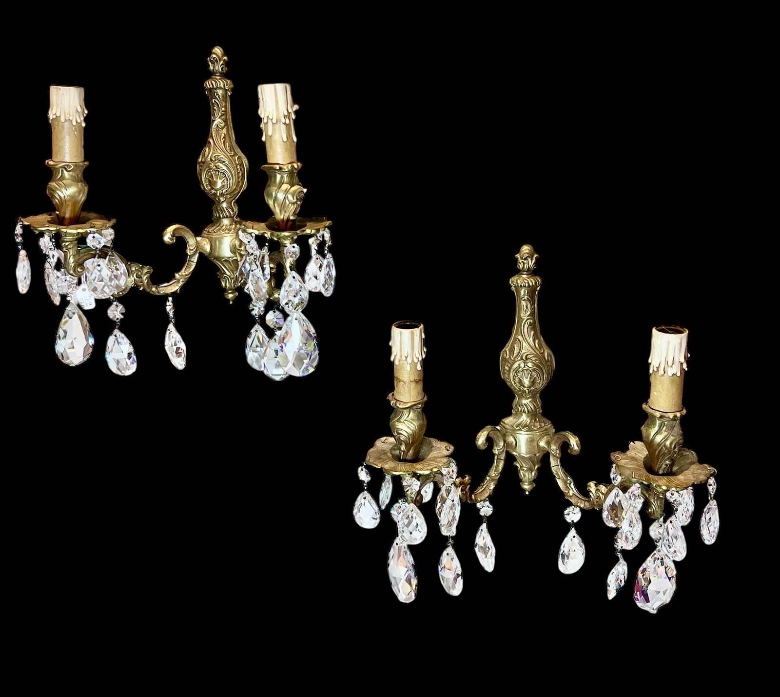 A Pair Of Two Light French Gilt Brass And Crystal Antique Wall Lights
