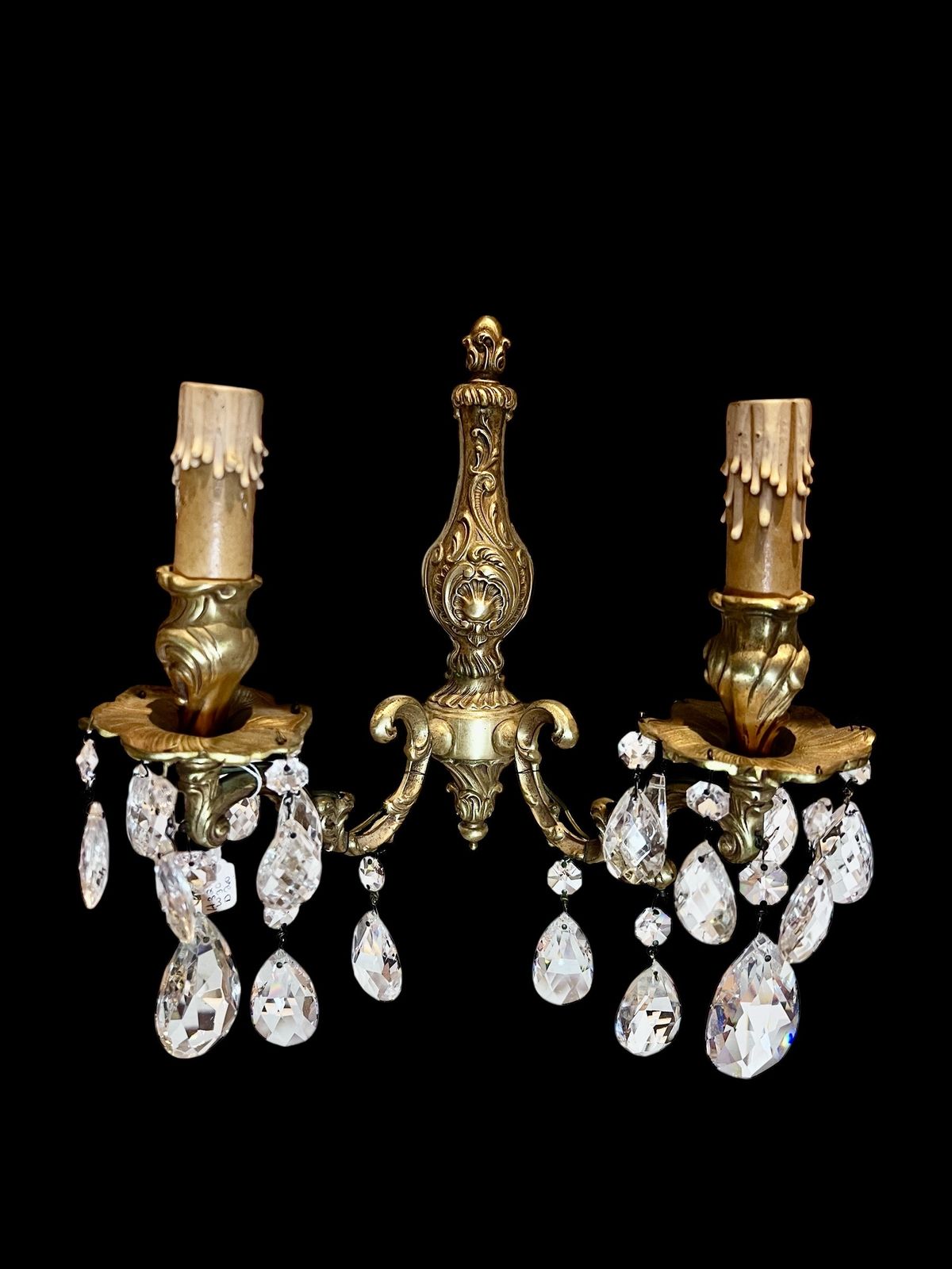 A Pair Of Two Light French Gilt Brass And Crystal Antique Wall Lights photo furniture