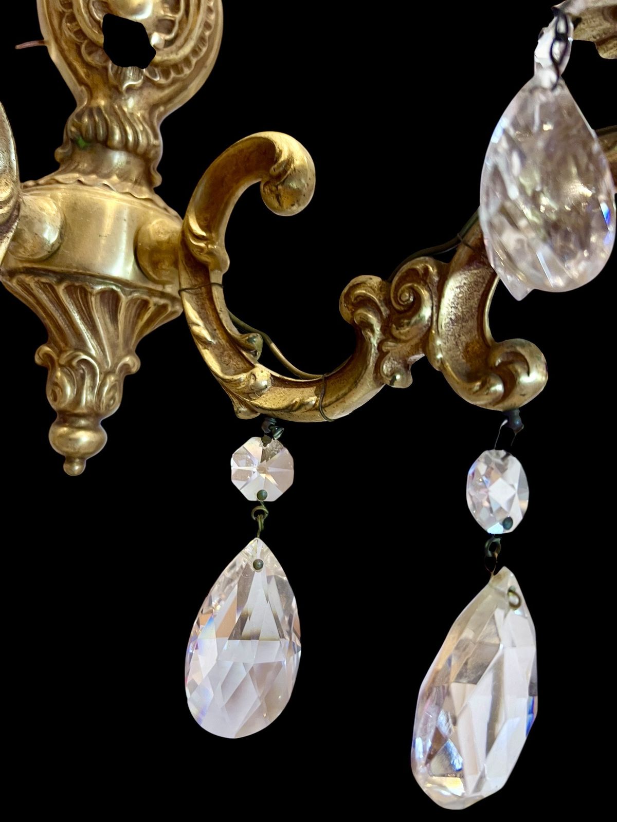 A Pair Of Two Light French Gilt Brass And Crystal Antique Wall Lights photo buy