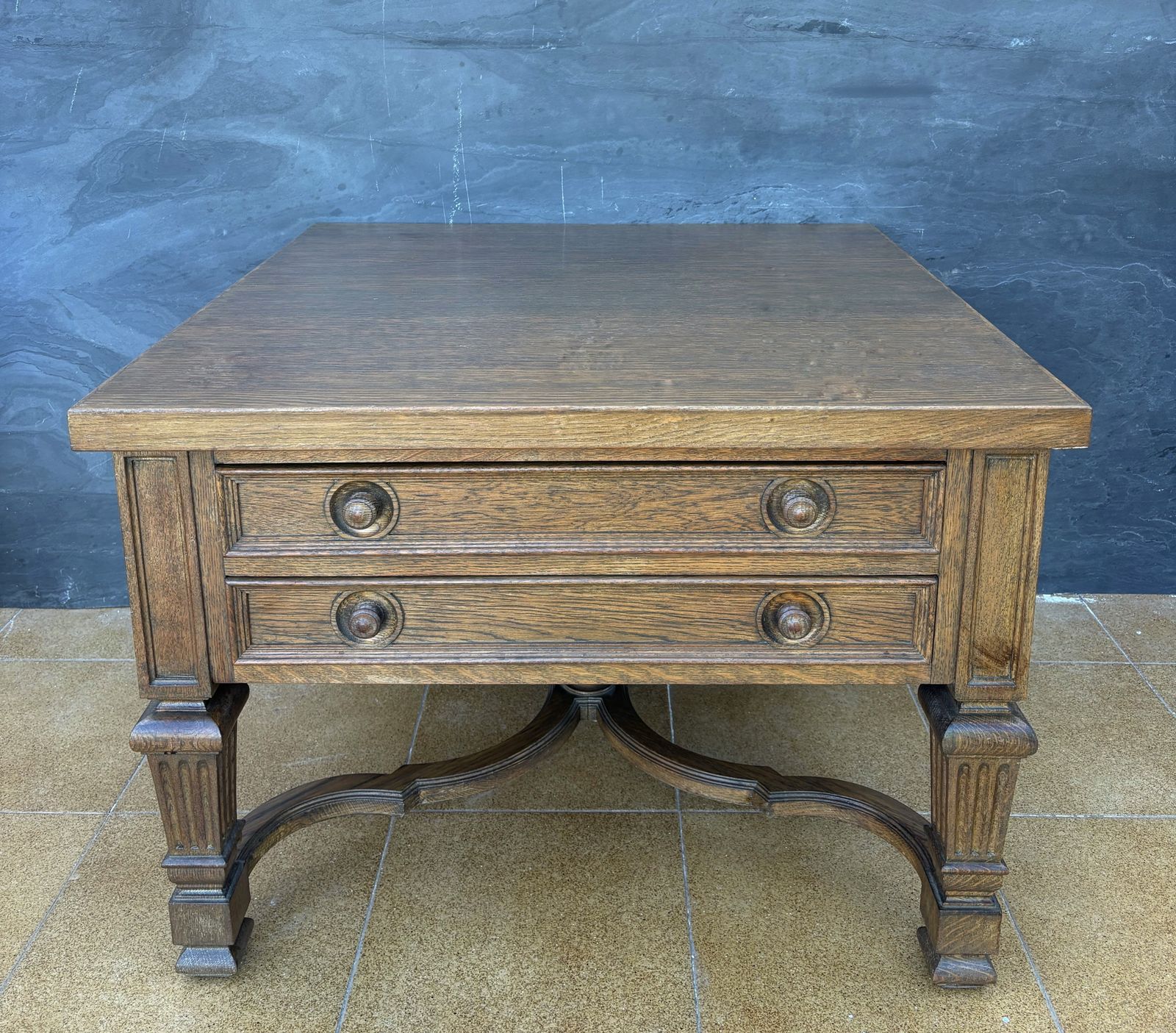 Pair Of Spanish Classical Revival Style Oak Side Tables, Mid 20th Century photo vintage