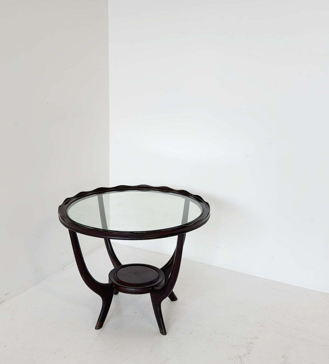 Round Wooden Coffee Table With Glass Top And Lower Shelf