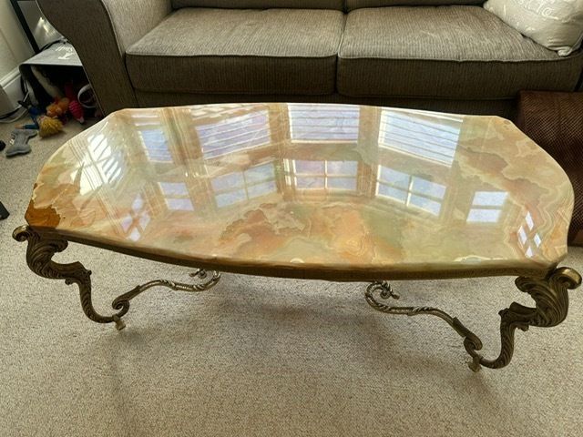 Vintage Coffee Table French Onyx Brass Ornate (Marble)