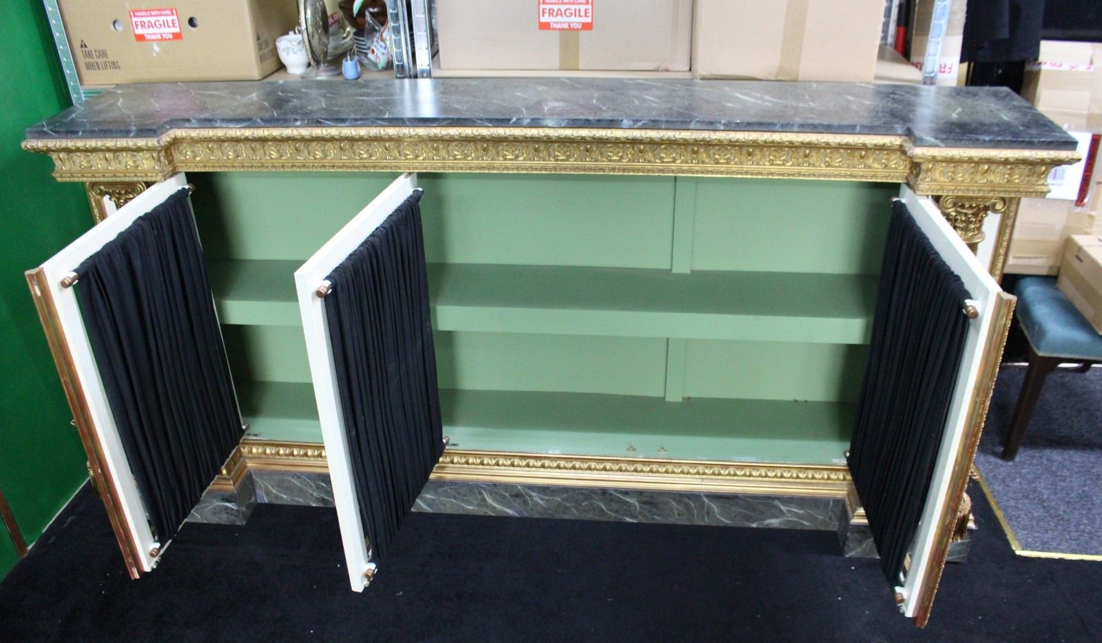 photo buy Large Neoclassical Style Gilt And Painted Credenza With Simulated Marble Top