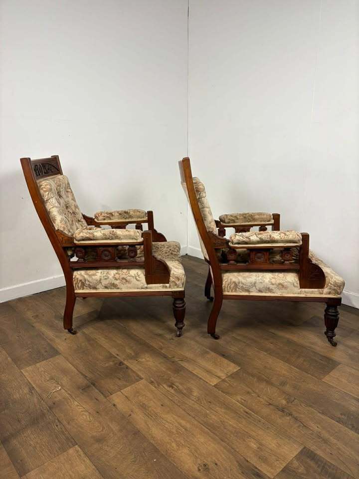 Pair Of Victorian Carved Walnut Upholstered Library Armchairs photo for sale