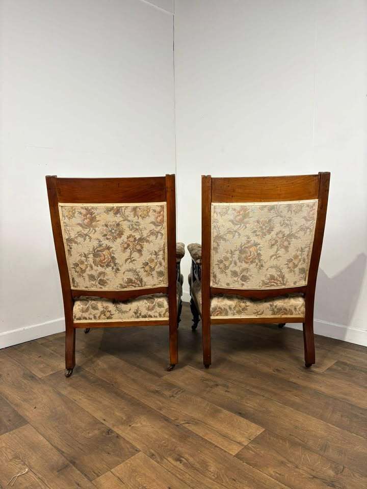 Furniture Pair Of Victorian Carved Walnut Upholstered Library Armchairs photo