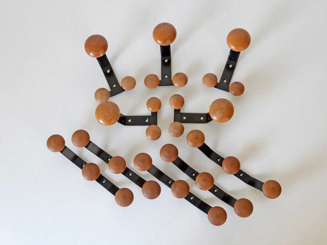 Vintage Hooks / Wood And Metal / Set Of 10 / Wall Coat Rack / Retro Hooks 1990's / Hat Rack / Towel Rack