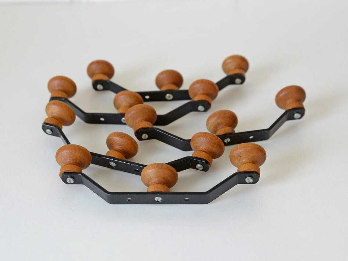 Furniture Vintage Hooks / Wood And Metal / Set Of 10 / Wall Coat Rack / Retro Hooks 1990's / Hat Rack / Towel Rack photo