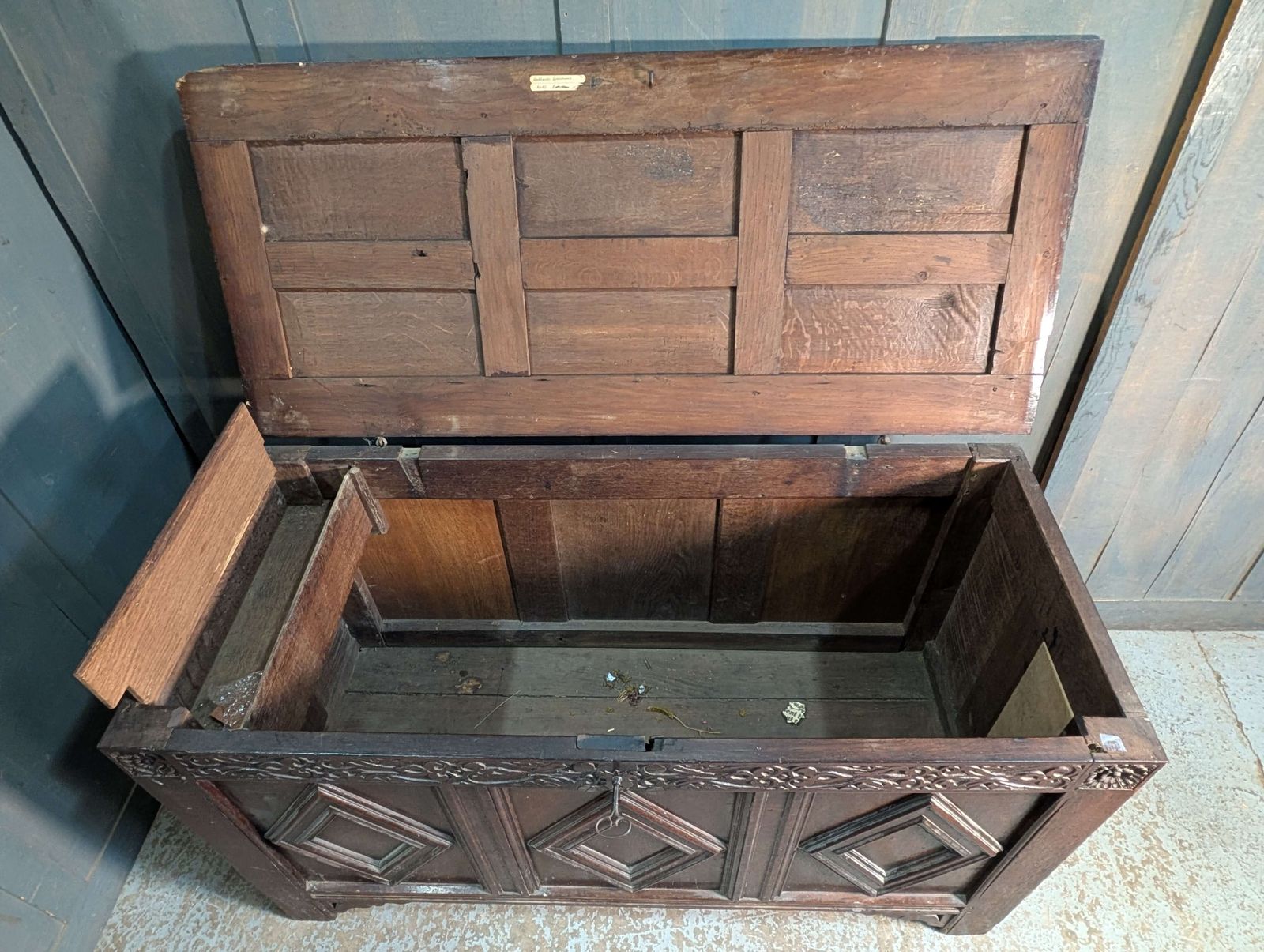 17th Century And Later Panelled Antique Oak Coffer With Diamond Panels photo for sale