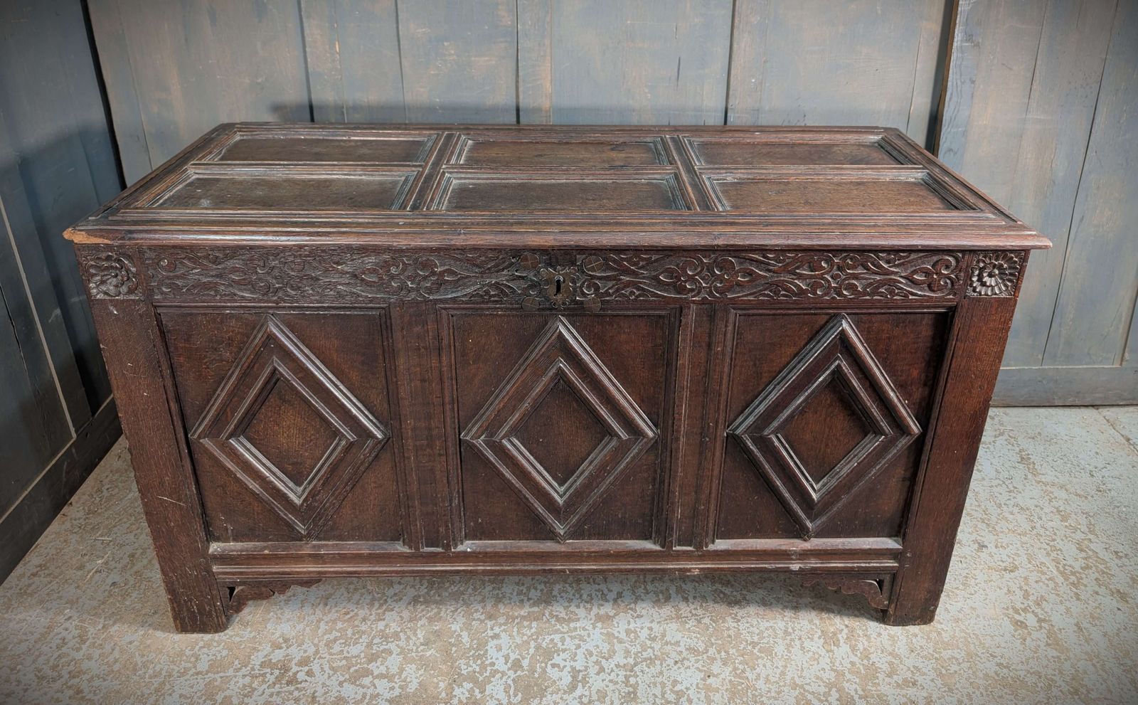 17th Century And Later Panelled Antique Oak Coffer With Diamond Panels photo vintage