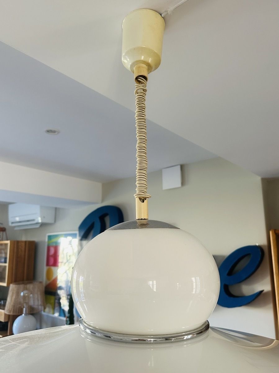 435.0 1970s Italian White Plexiglass Space Age Harvey Guzzini Hanging Pendant Light photo