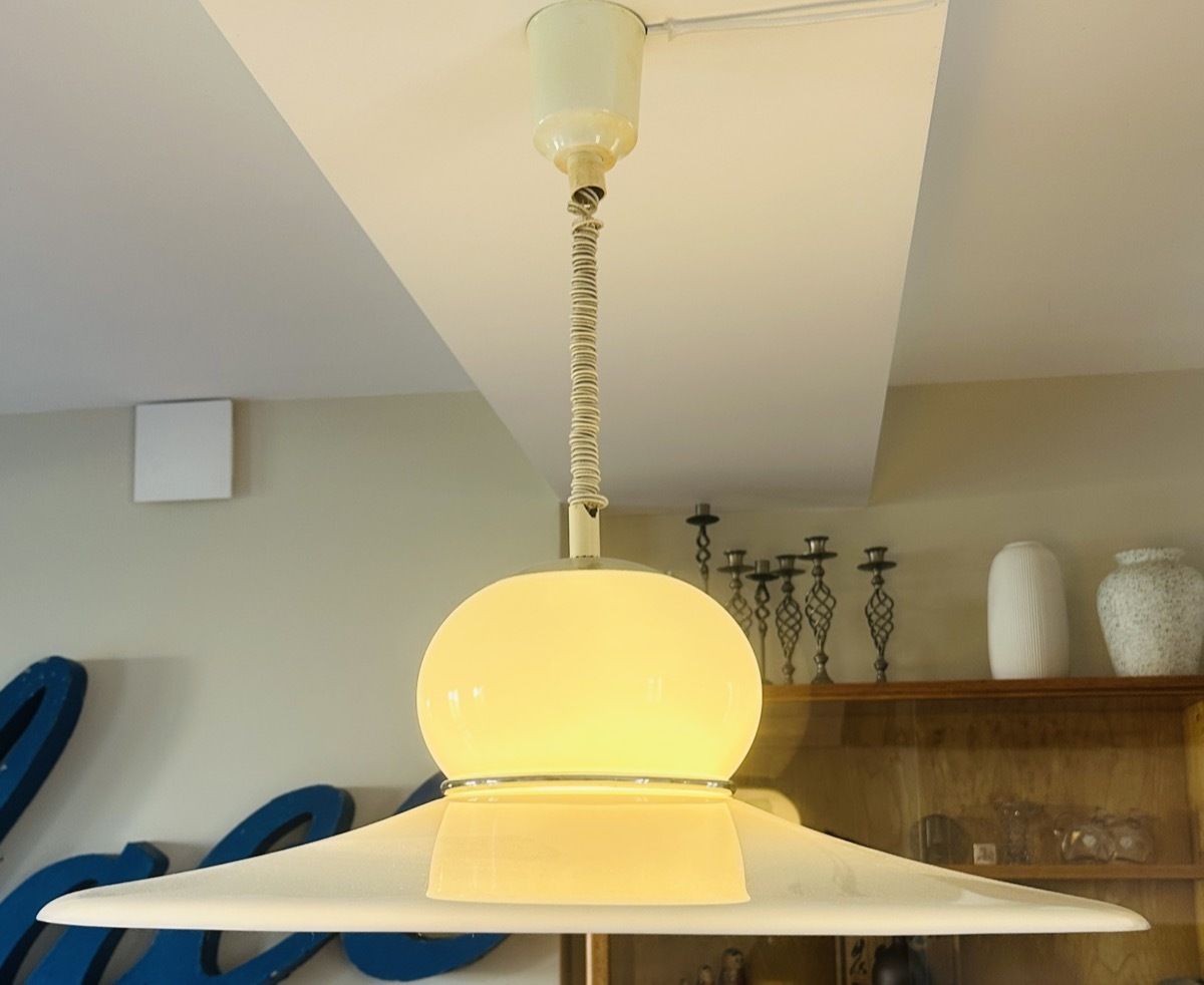photo buy 1970s Italian White Plexiglass Space Age Harvey Guzzini Hanging Pendant Light