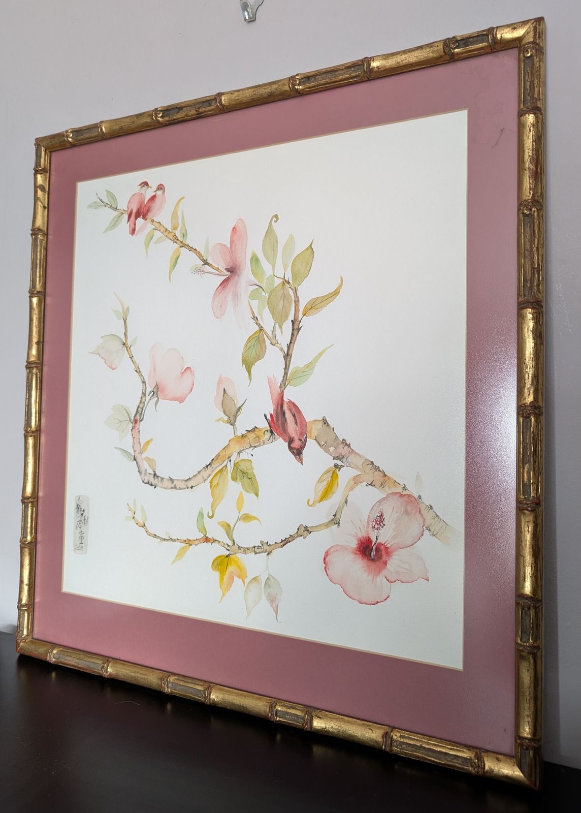 Vintage Framed Asian Watercolour Painting Birds Blossom Signed Delia