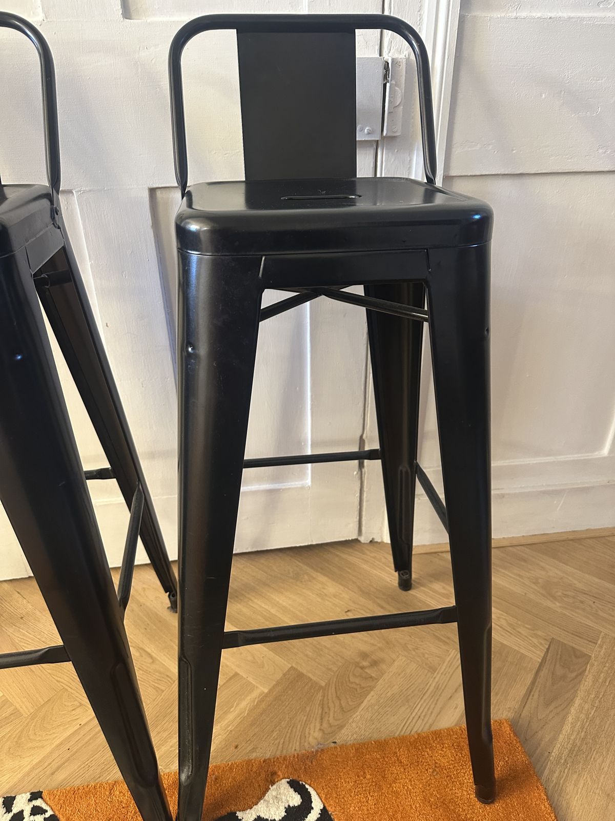 350.0 2 Genuine Tolix Metal Stools Matt Black High Counter 80cm Hardly Used Paid £733 photo