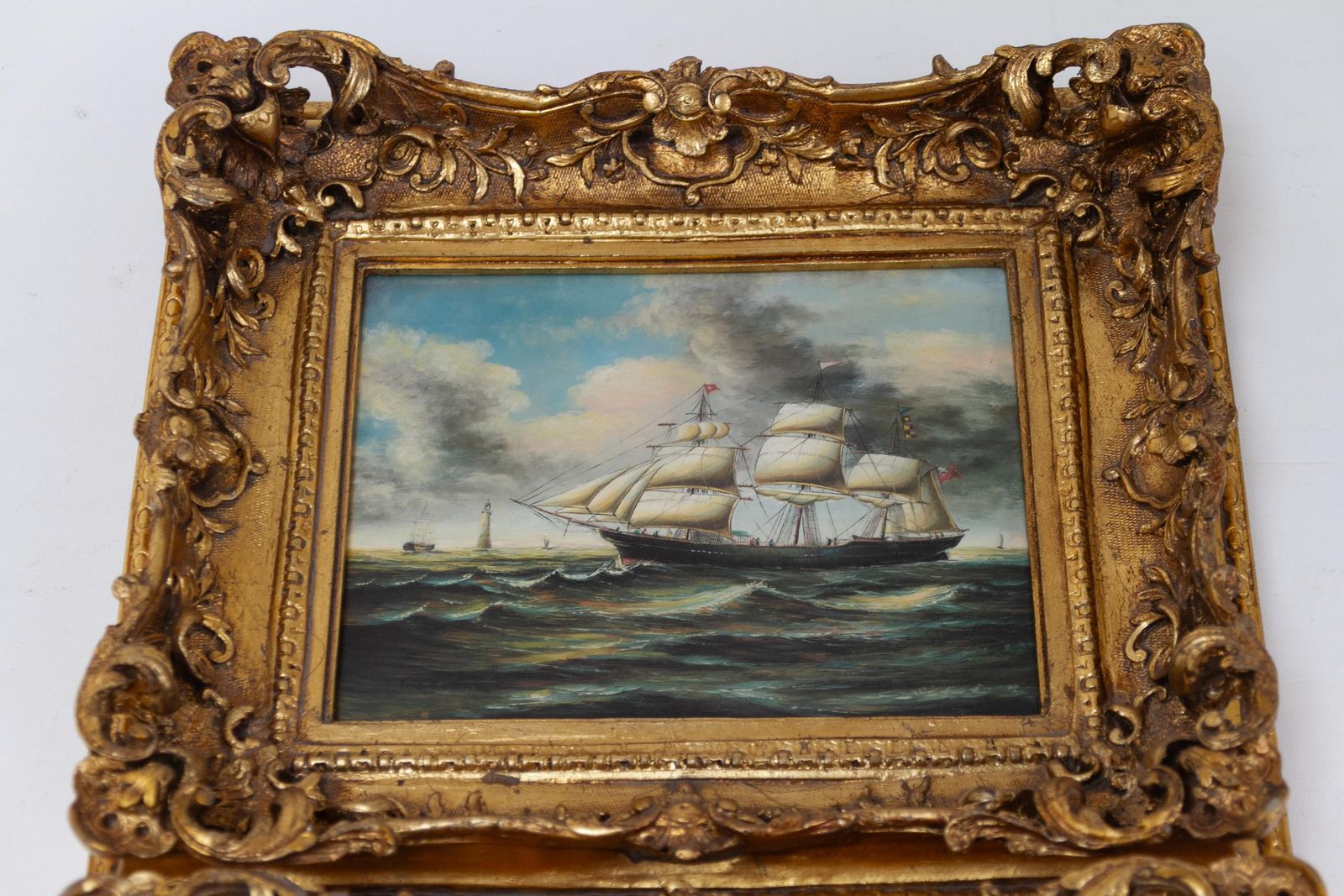 Marine Oil Paintings Of Sail Ships In Gilded Frame, 20th Century. Set Of 2. photo Art