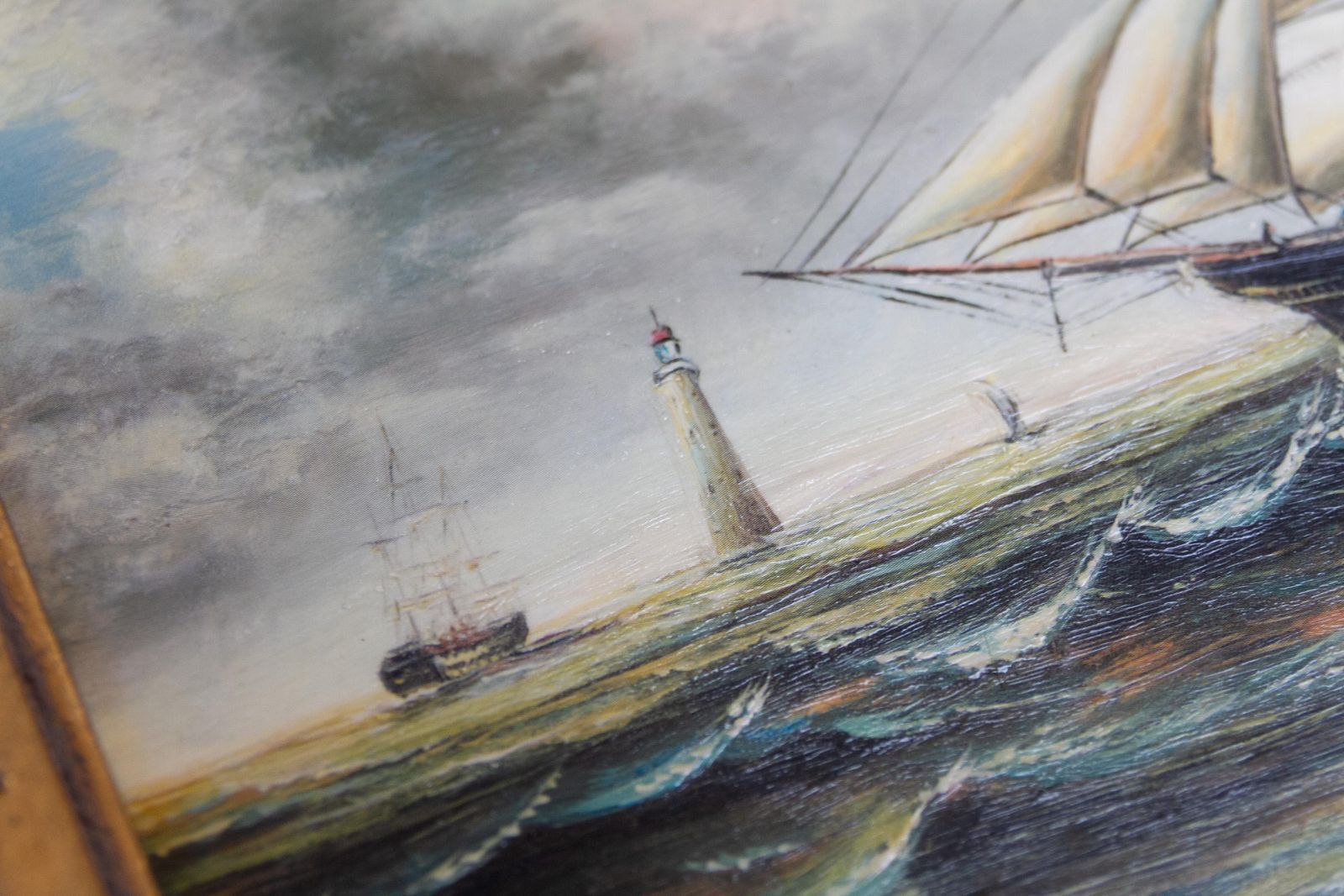 photo furniture Marine Oil Paintings Of Sail Ships In Gilded Frame, 20th Century. Set Of 2.