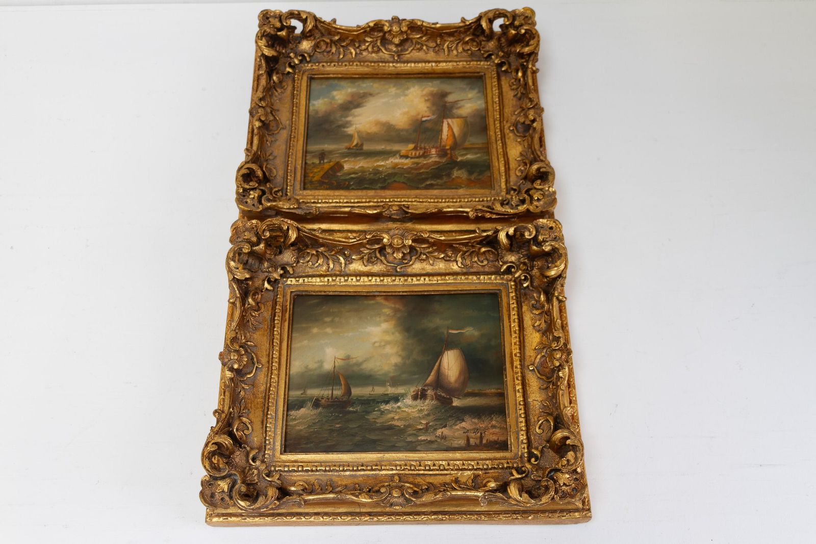 Marine Oil Paintings Of Sail Boats In Gilded Frame, 20th Century. Set Of 2. photo furniture