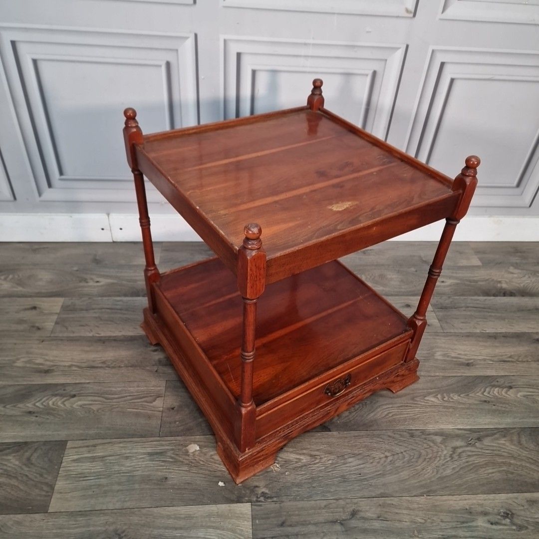 Vintage Whatnot Side Table Two Tier Drawer Turned Mahogany Wooden Plant Stand photo furniture