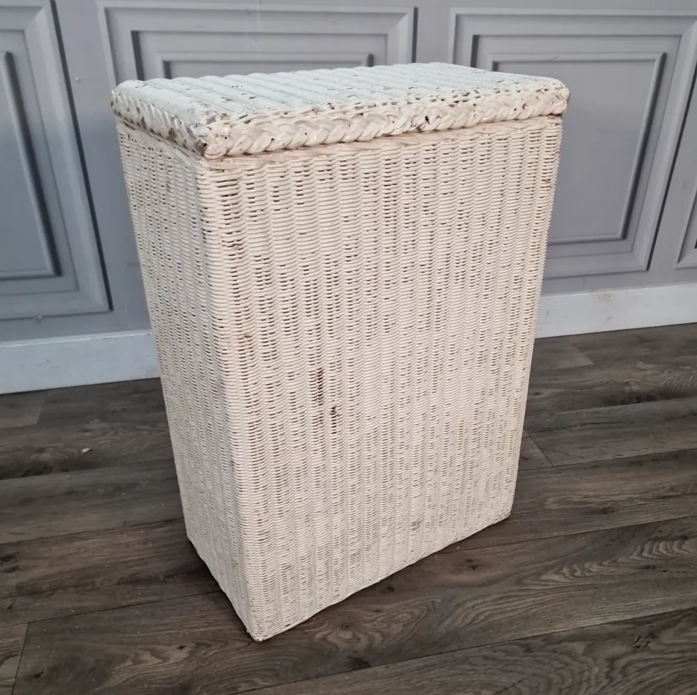 Vintage Wicker Laundry Basket Lloyd Loom Style Lined Storage Blanket Box Retro