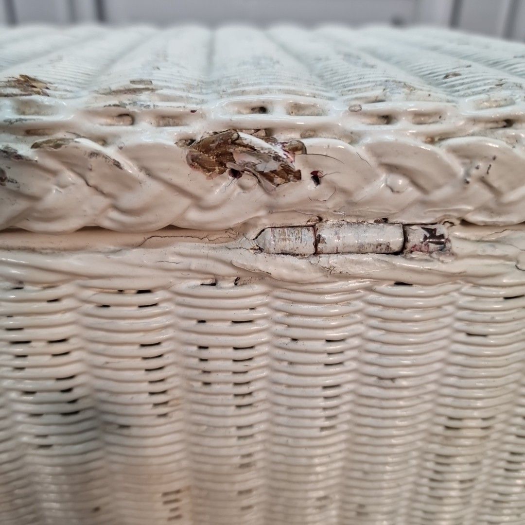 photo buy Vintage Wicker Laundry Basket Lloyd Loom Style Lined Storage Blanket Box Retro