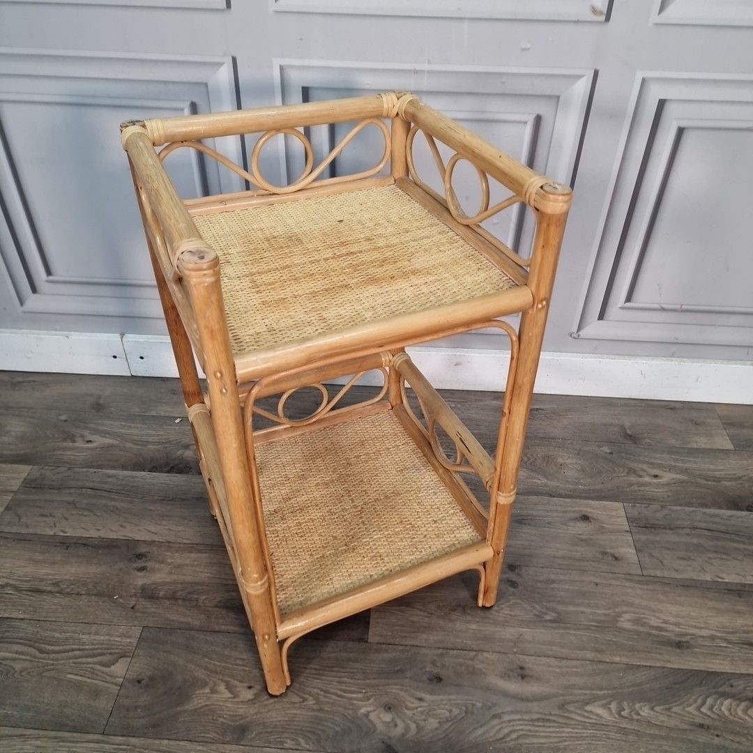 Vintage Rattan Bedside Table Two Tier Wicker Cane Whatnot Shelf Stand Retro photo furniture
