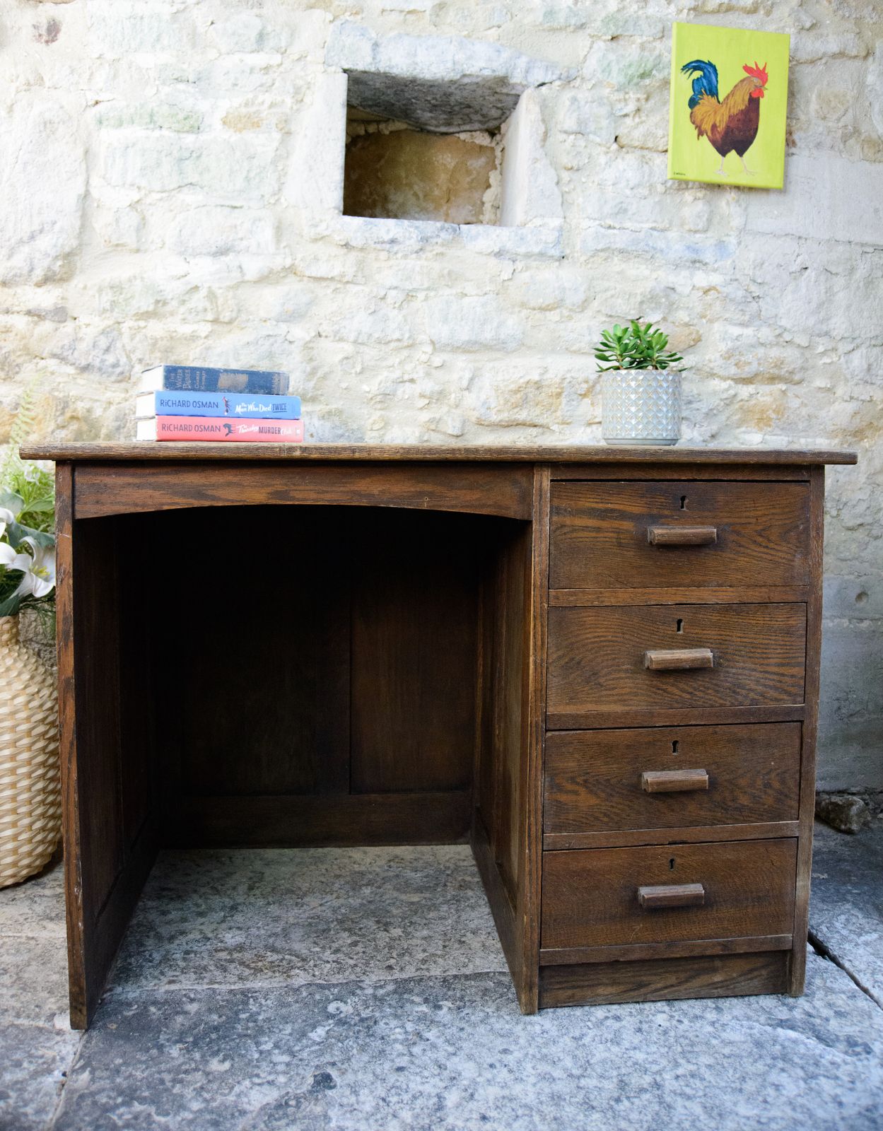photo furniture Antique Oak Kneehole Desk   Single Pedestal   1920s 1930s
