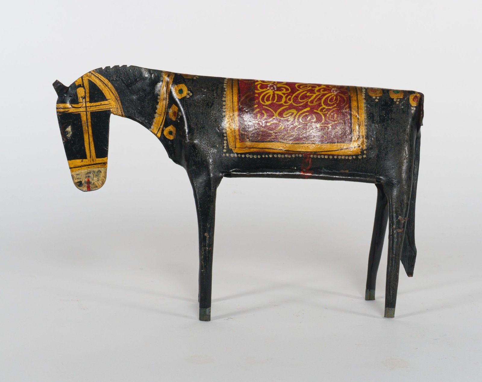 Vintage 1950s Or 1960s Indian Sculptural Folk Art Painted Black & Gold Tin Horse