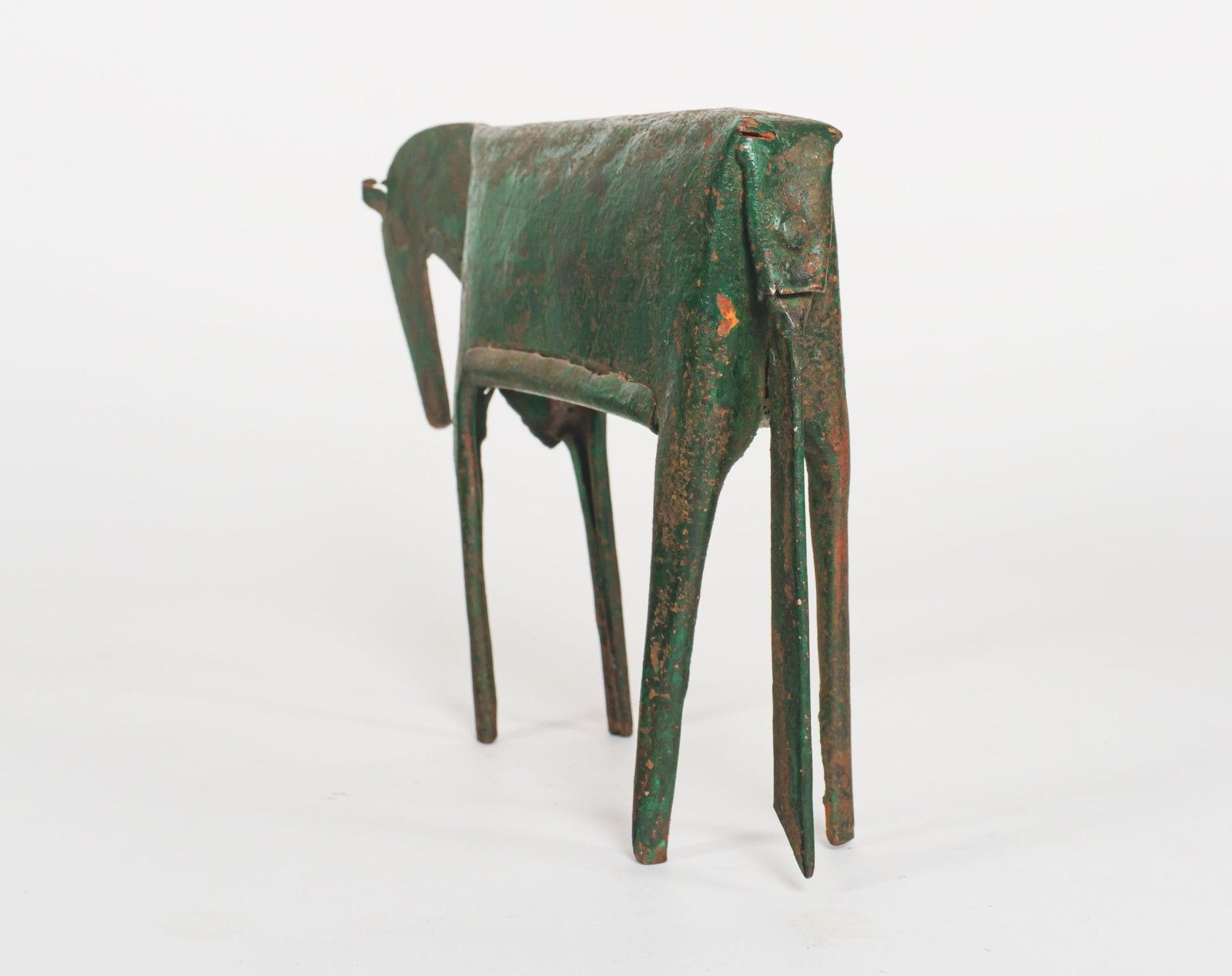 Vintage 1950s Or 1960s Indian Sculptural Folk Art Distressed Green Tin Horse photo for sale