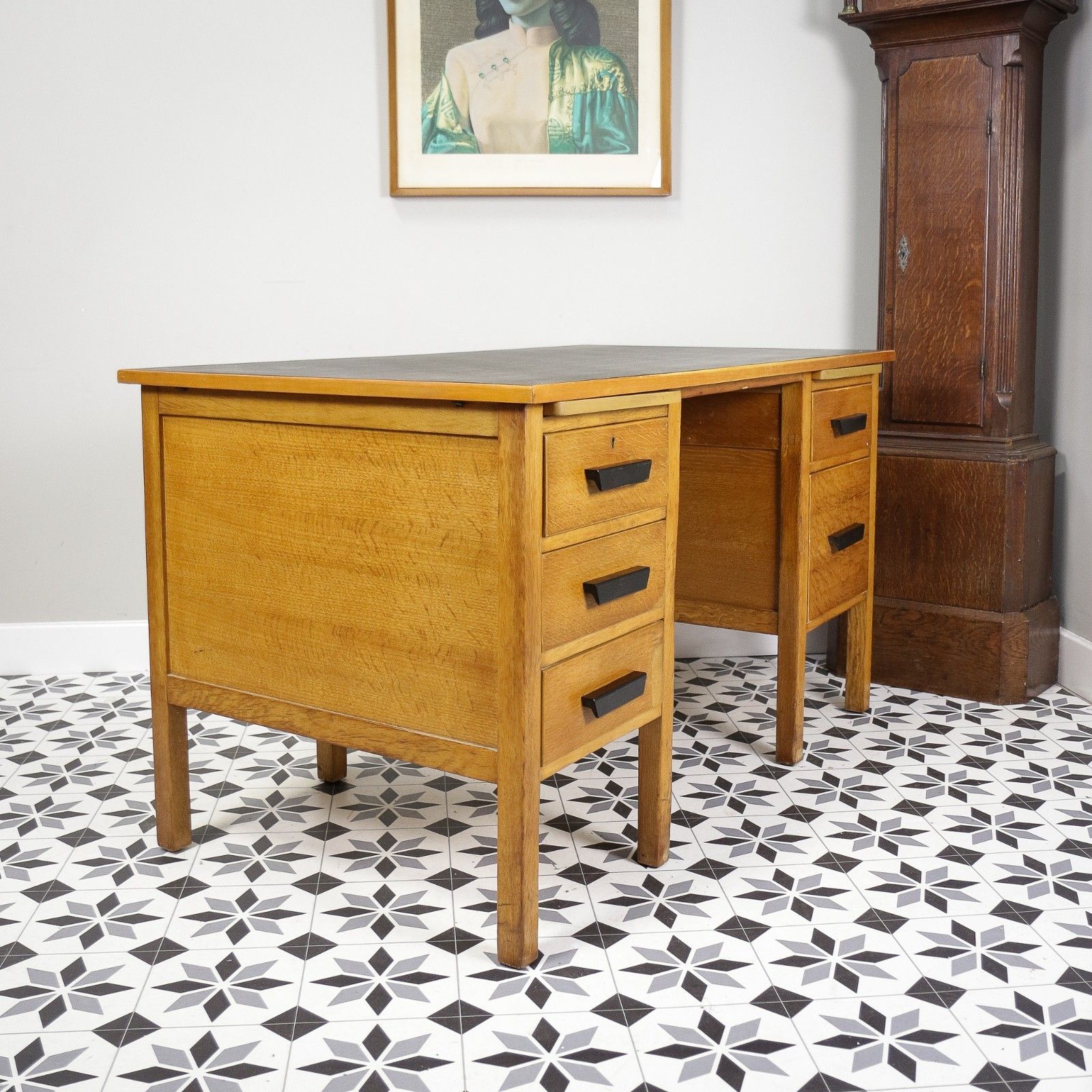 Oak And Oak Faced Mid Century Twin Pedestal Desk With Black Leatherette Top photo vinterior