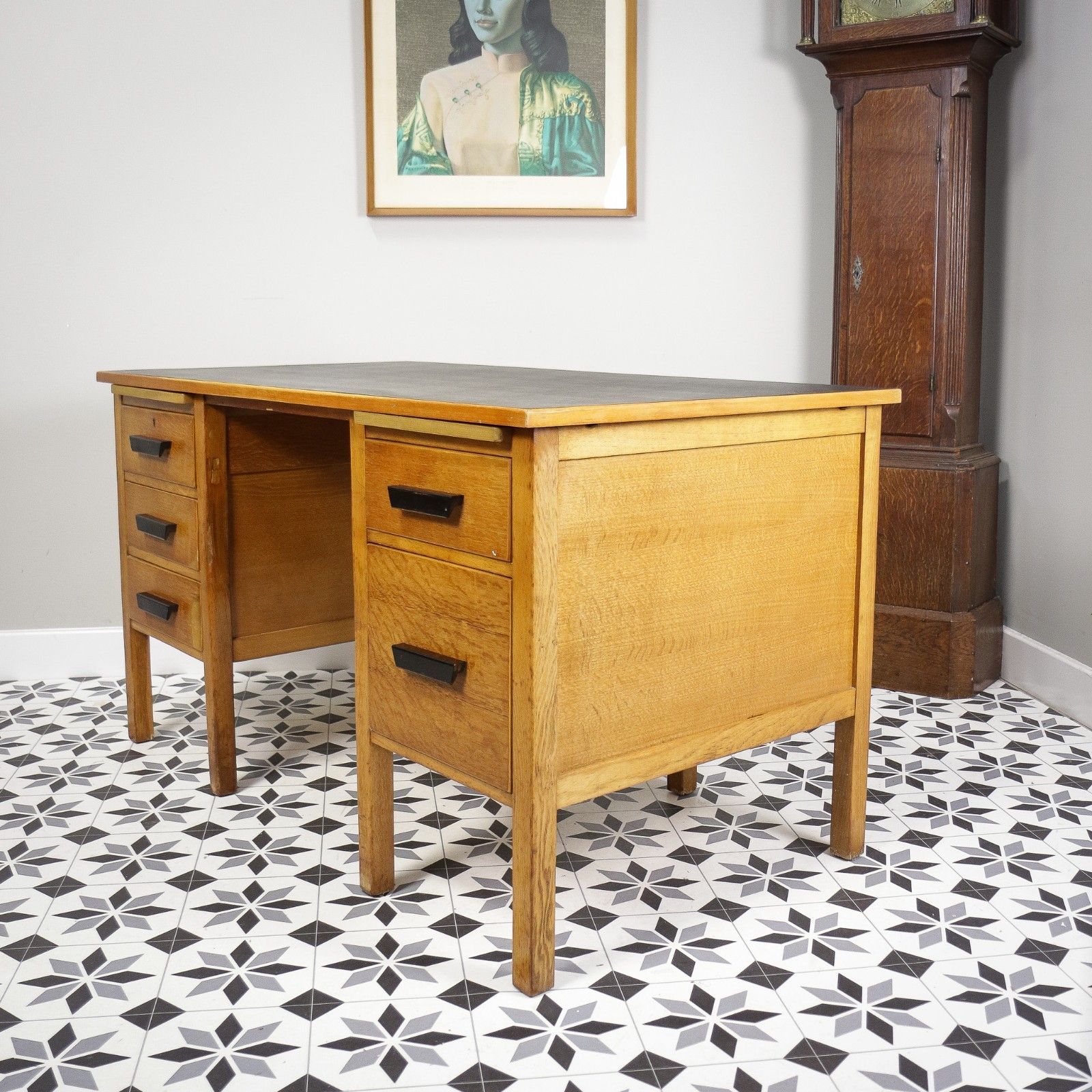 Oak And Oak Faced Mid Century Twin Pedestal Desk With Black Leatherette Top photo buy