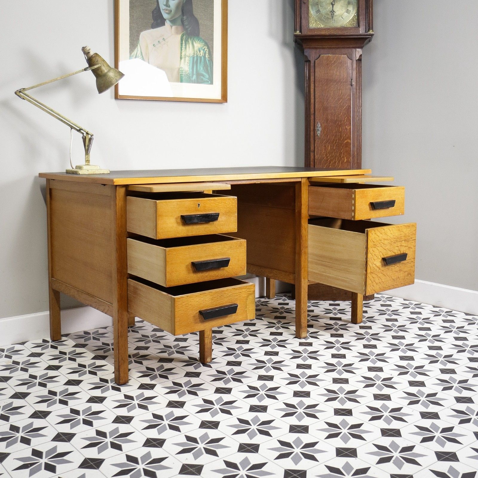 photo furniture Oak And Oak Faced Mid Century Twin Pedestal Desk With Black Leatherette Top