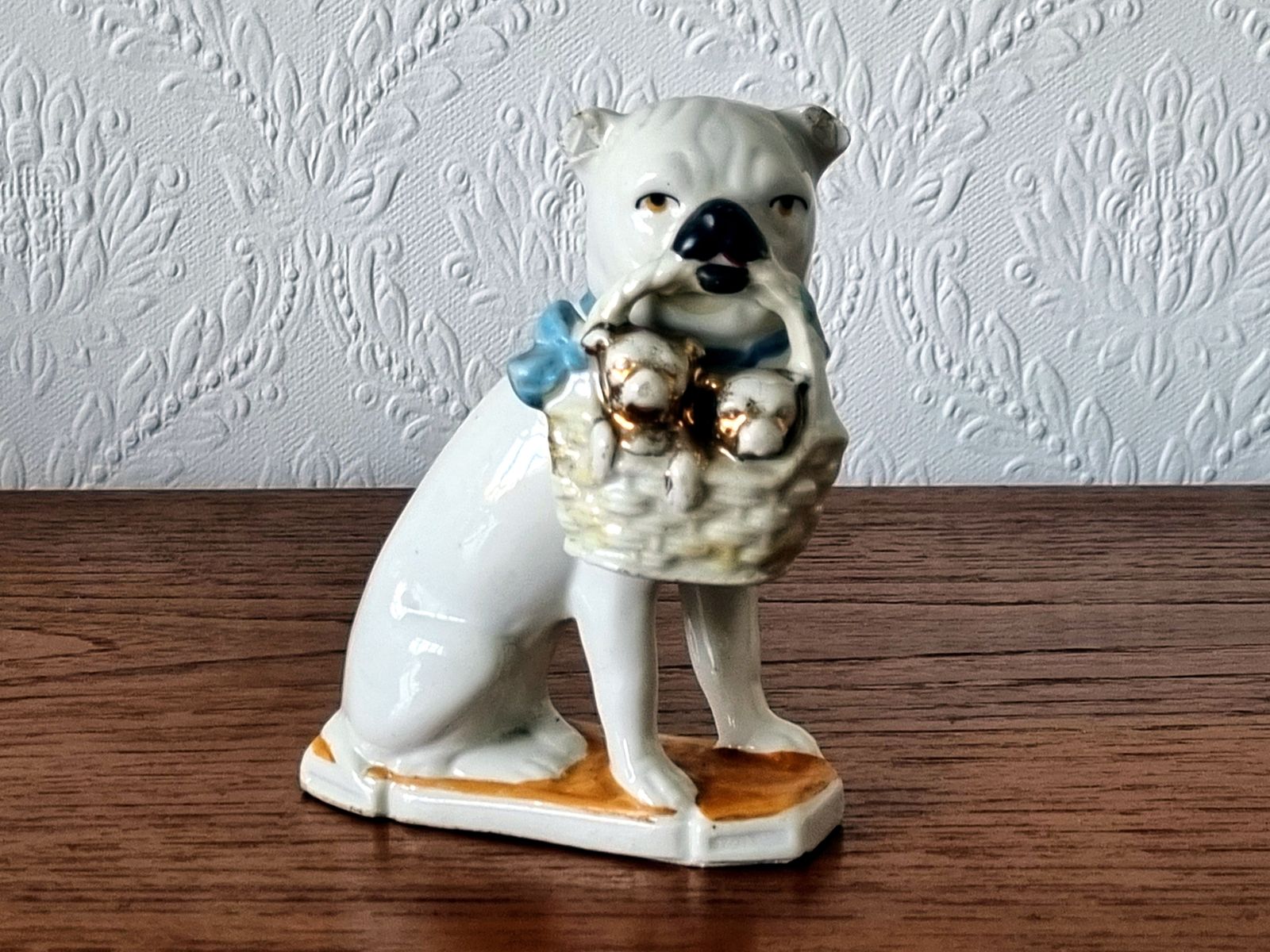 Antique German Porcelain Bulldog Figurine, Signed Germany, White Dog With Basket, Early 20th Century Ceramic Ornament