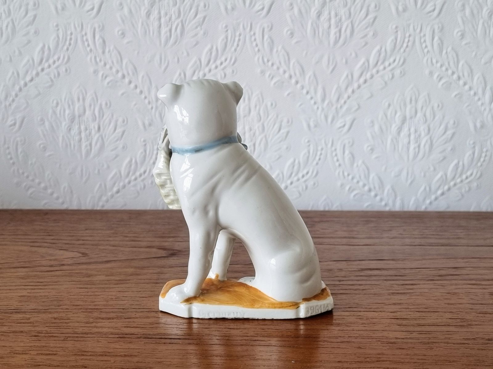 photo furniture Antique German Porcelain Bulldog Figurine, Signed Germany, White Dog With Basket, Early 20th Century Ceramic Ornament