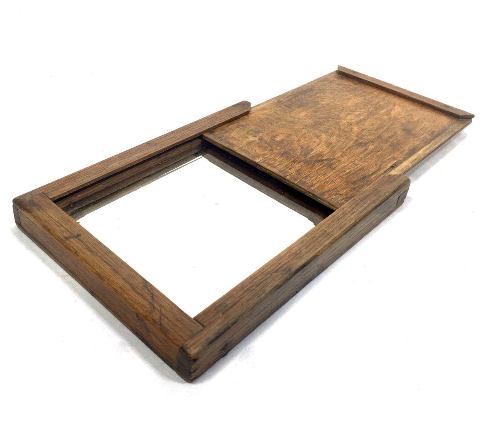 Antique Wooden Cased Travel Campaign Mirror With Sliding Lid / Portable photo Home Decor
