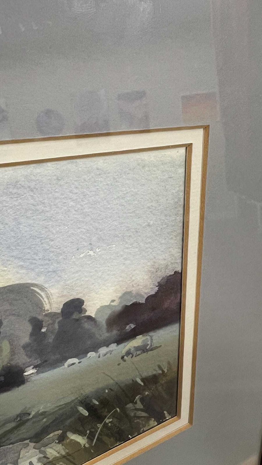 Signed Watercolour Landscape Picture Framed Pastoral River Scene With Sheep — Original Watercolour photo vintage