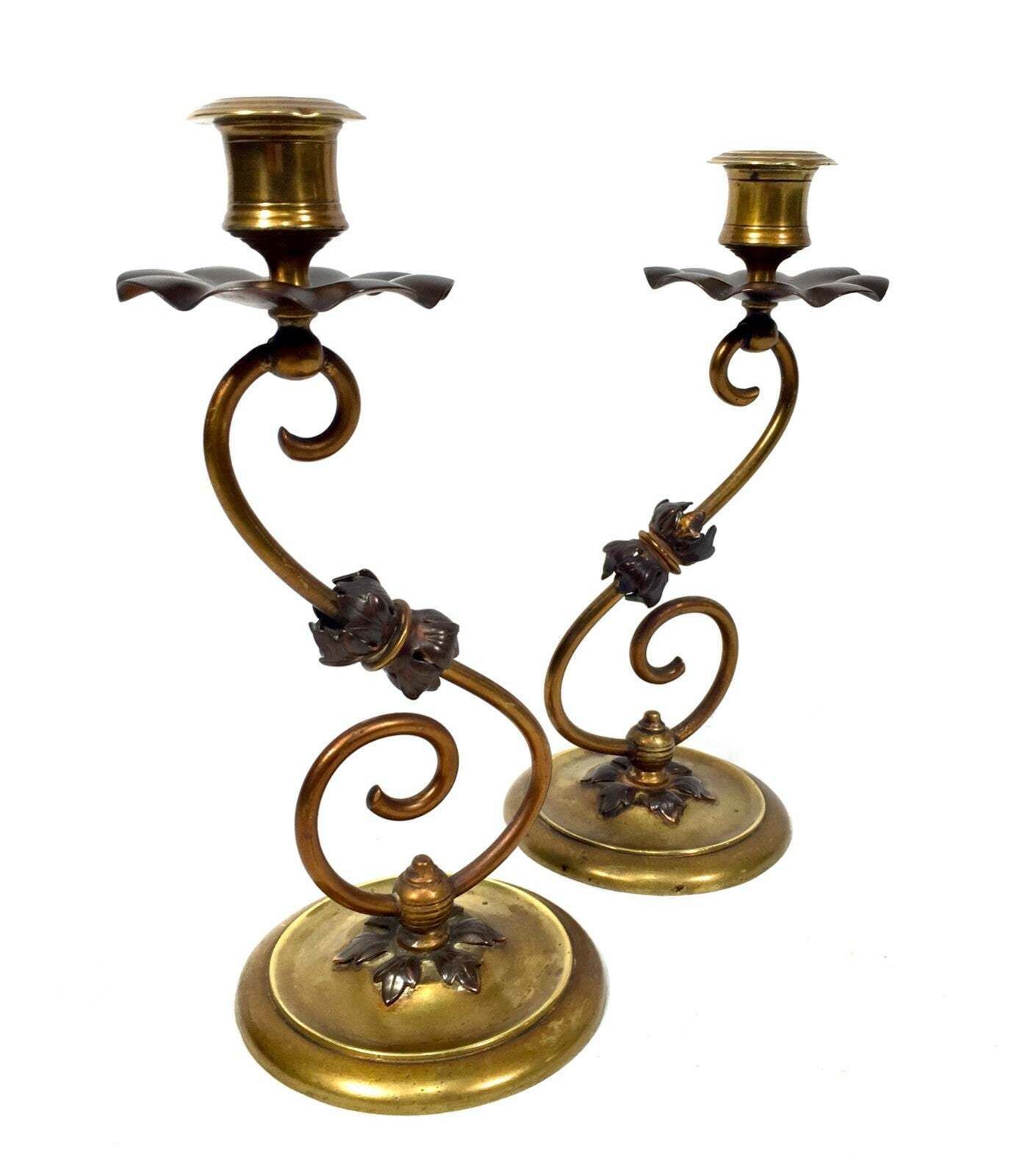 Antique Pair Of Brass & Copper Candle Stick Holders Art Nouveau 20th Century