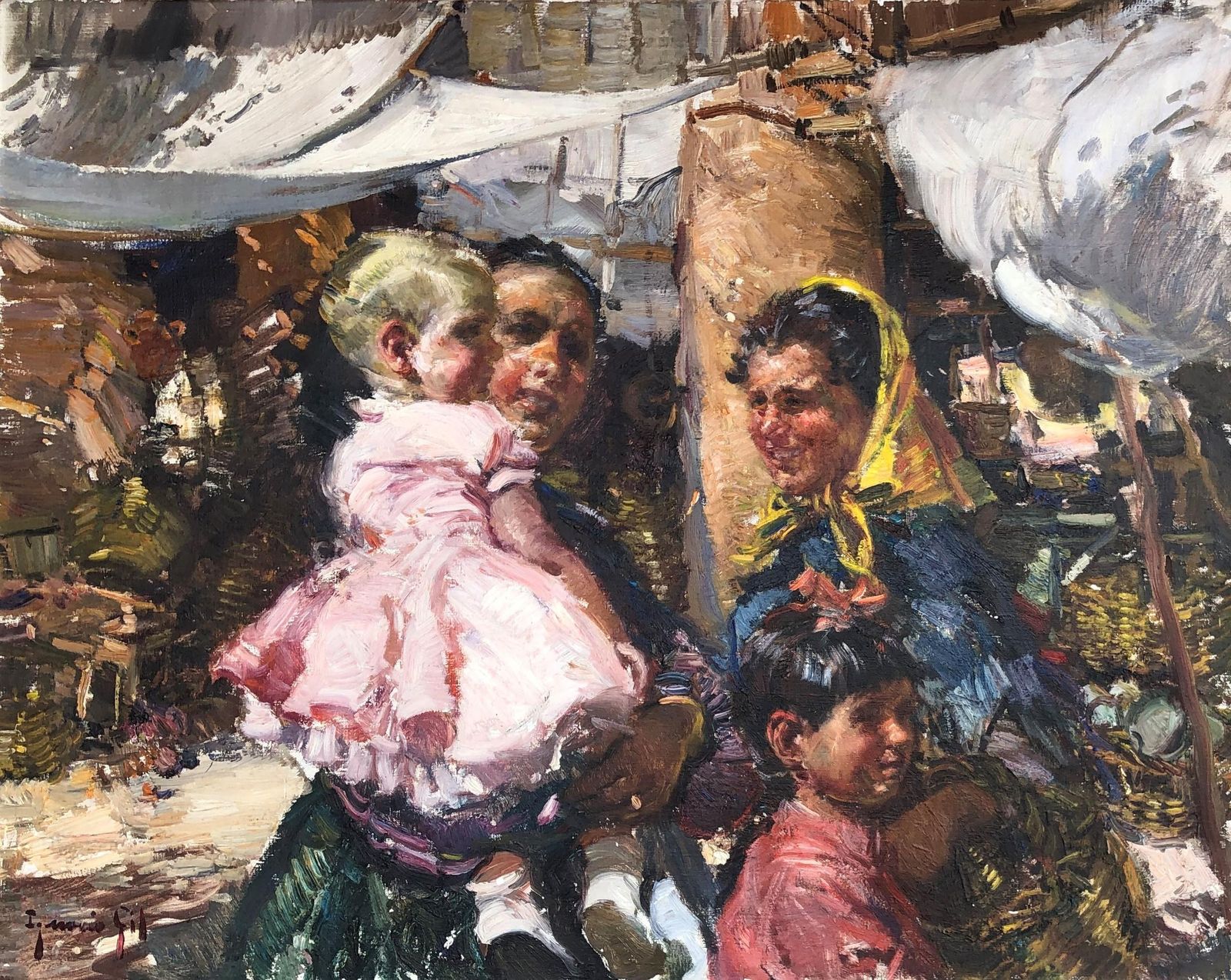 Ignacio Gil Sala Ibiza Market Scene, 1960s – Large Spanish Mediterranean Oil 1960s