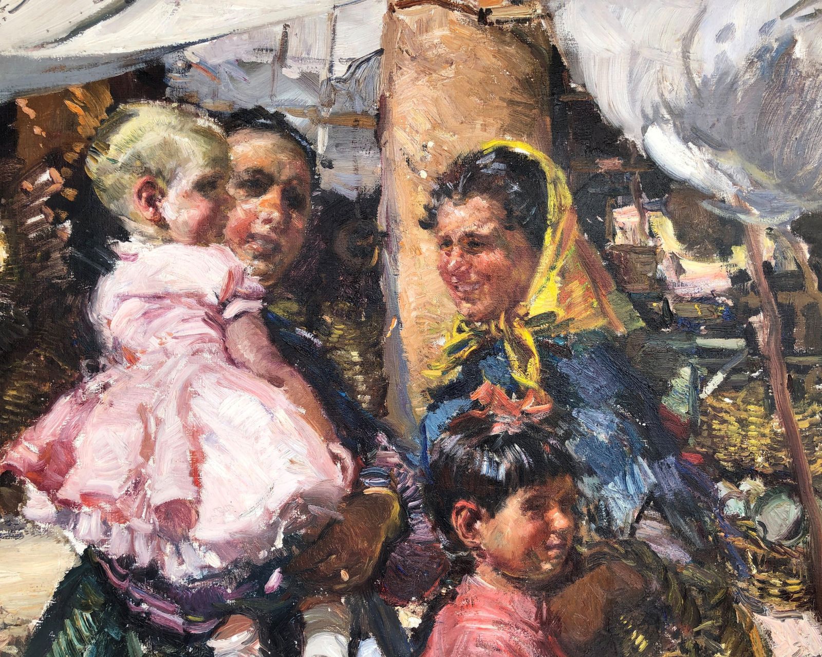 Ignacio Gil Sala Ibiza Market Scene, 1960s – Large Spanish Mediterranean Oil 1960s photo vintage