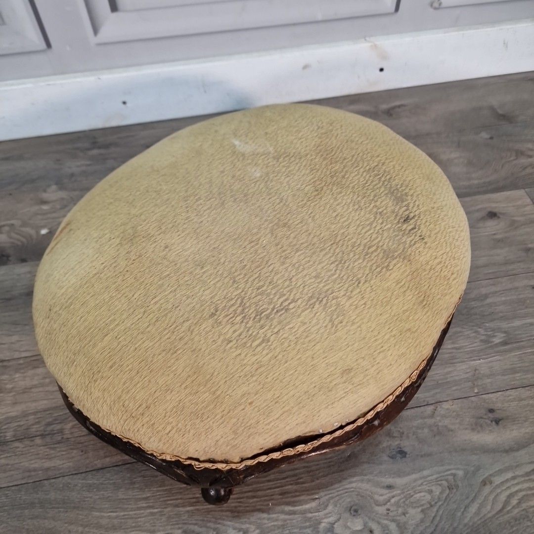 Antique Oval Footstool Carved Wood Cabriole Legs Low Ottoman French Louis Style photo for sale