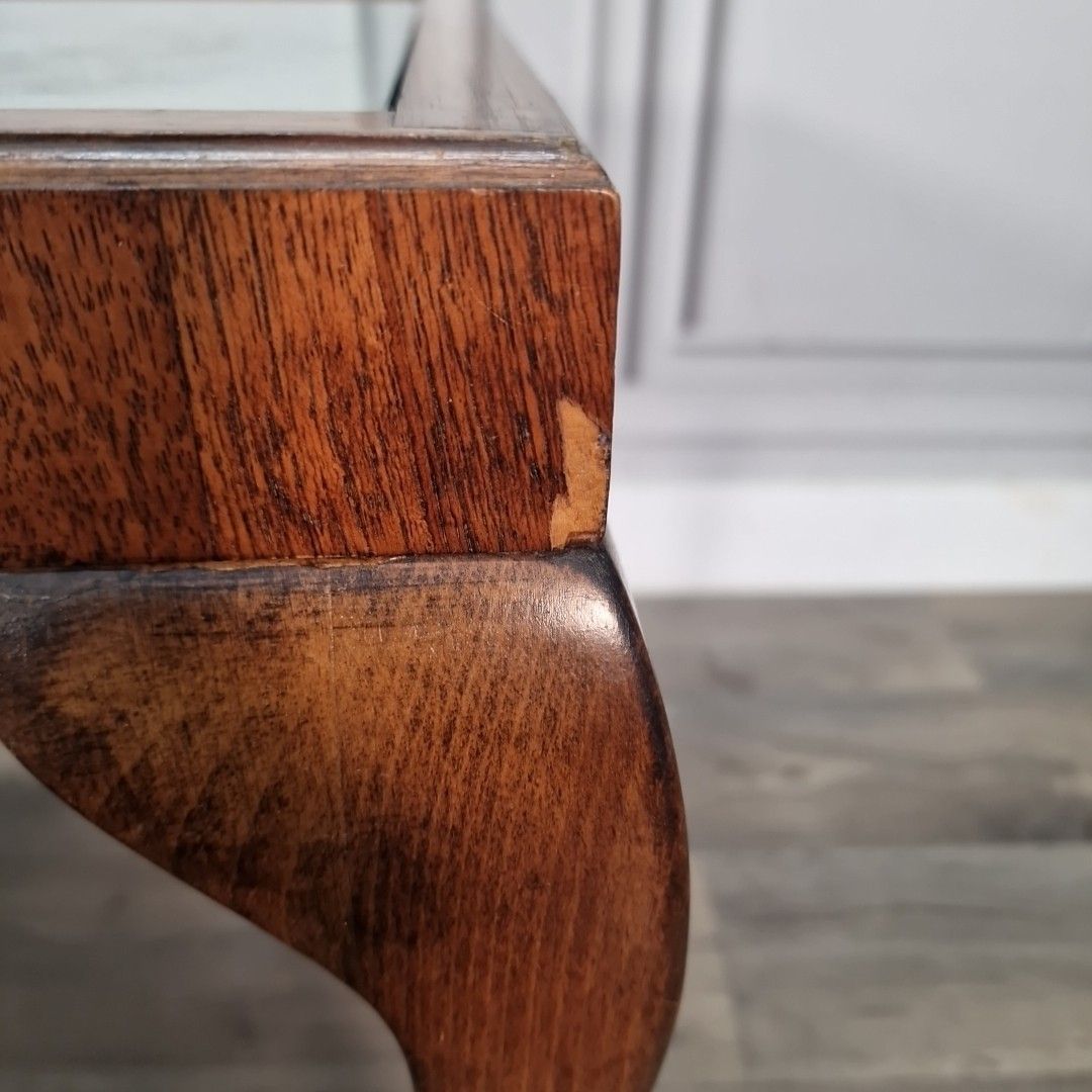 Vintage Walnut Side Table Glass Top Queen Anne Wood Coffee Floral Needlework photo vintage