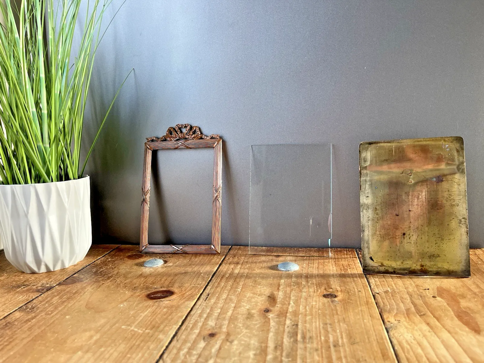 Antique French Regency Ribbon Reeded Copper Glass Easel Photo Picture Frame 19th photo furniture