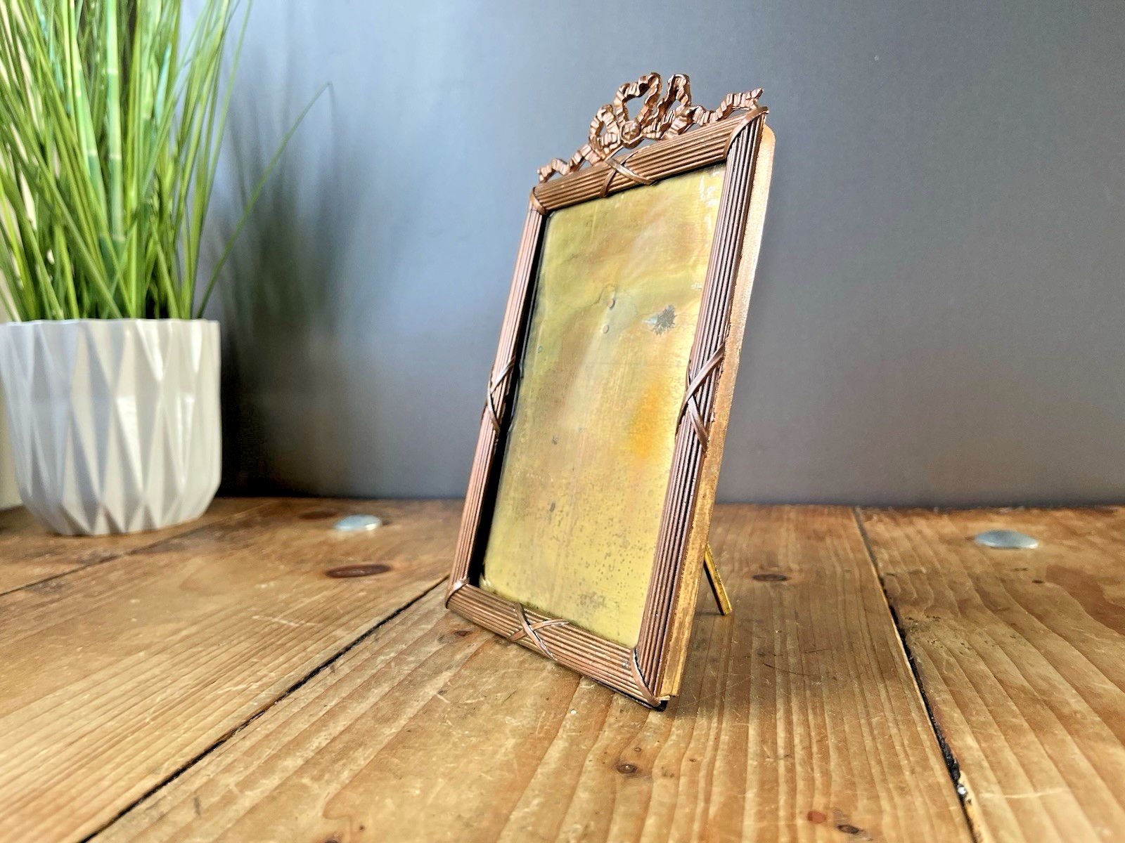 Antique French Regency Ribbon Reeded Copper Glass Easel Photo Picture Frame 19th photo vintage