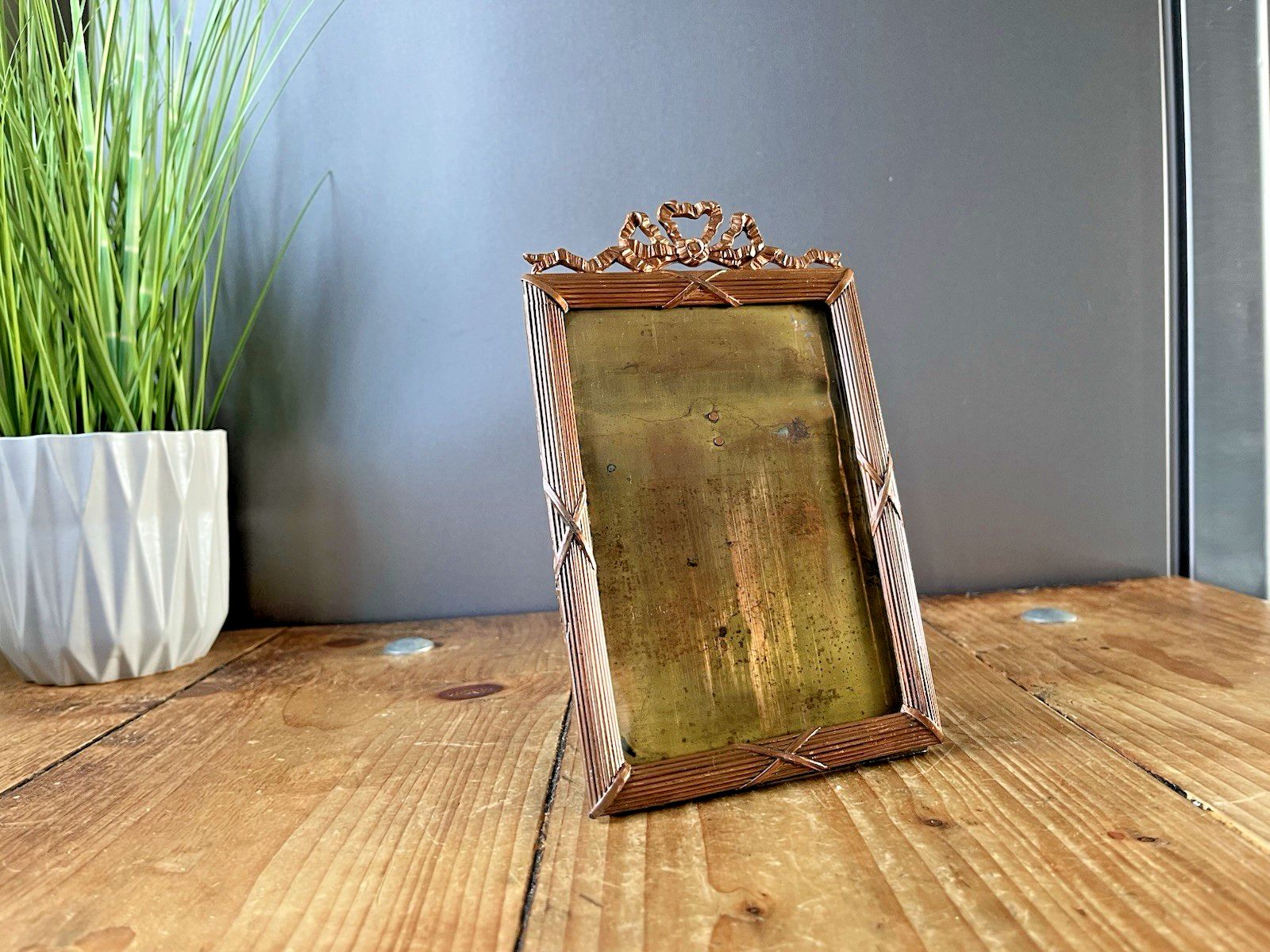 195.0 Antique French Regency Ribbon Reeded Copper Glass Easel Photo Picture Frame 19th photo