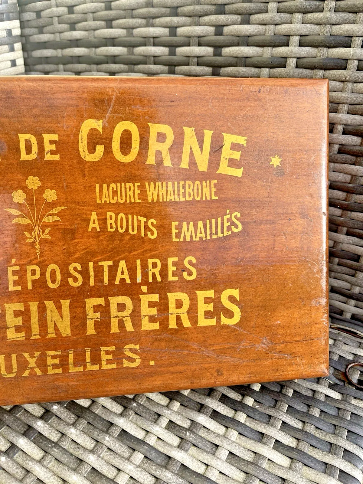 Superb Antique C1900 Belgian Wooden Whalebone Corset Storage Box Gold Writing photo 350.0
