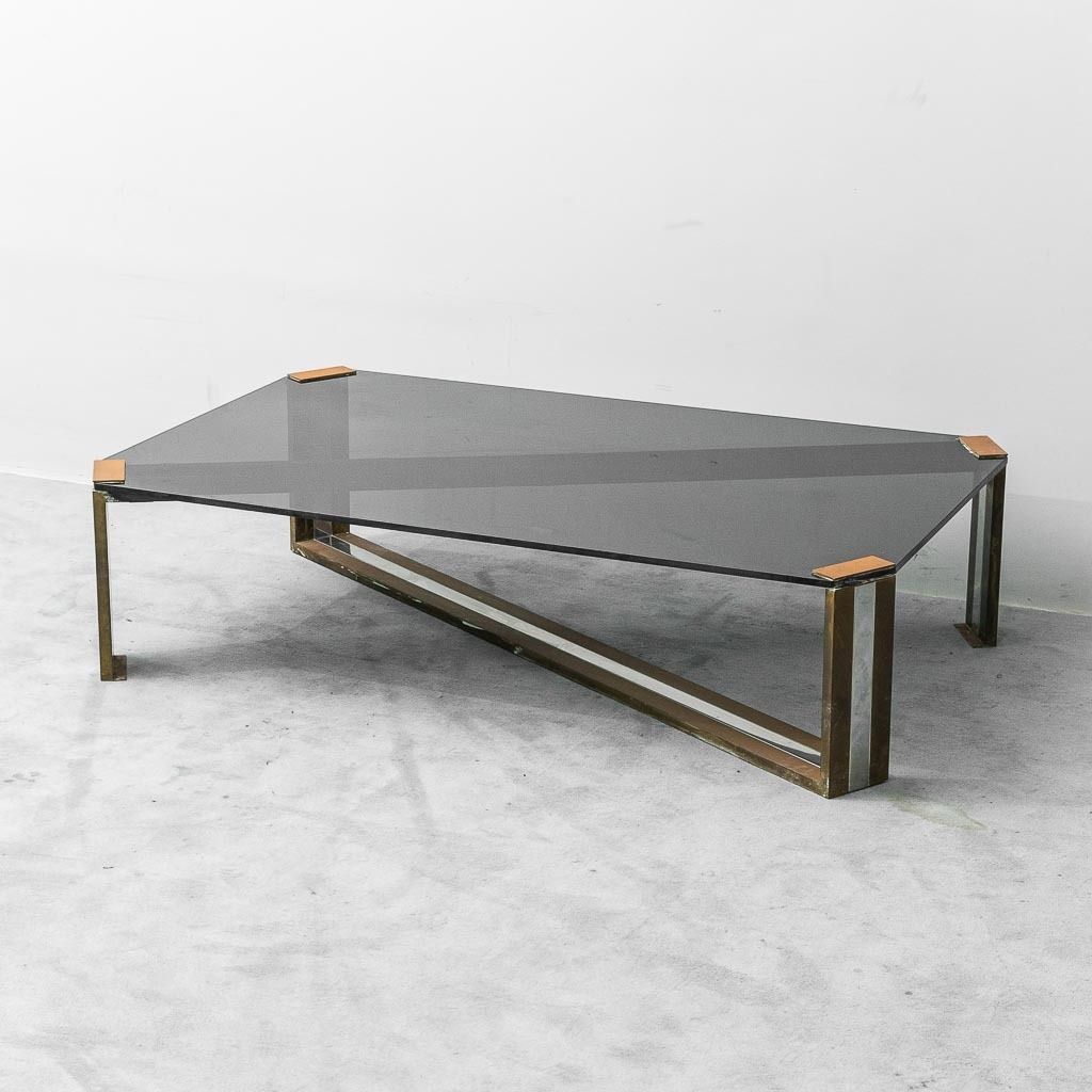 Vintage 1970s Modernist Smoked Glass And Brass Coffee Table